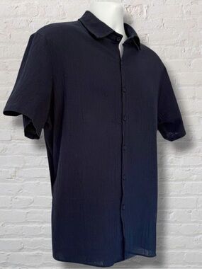 Royaura Hawaiian Short Sleeve Button-Up Shirt Men’s XL Navy Blue Textured
